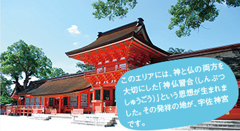 このエリアには、神と仏の両方を大切にした「神仏習合（しんぶつしゅうごう）」という思想が生まれました。その発祥の地が、宇佐神宮です。イメージ